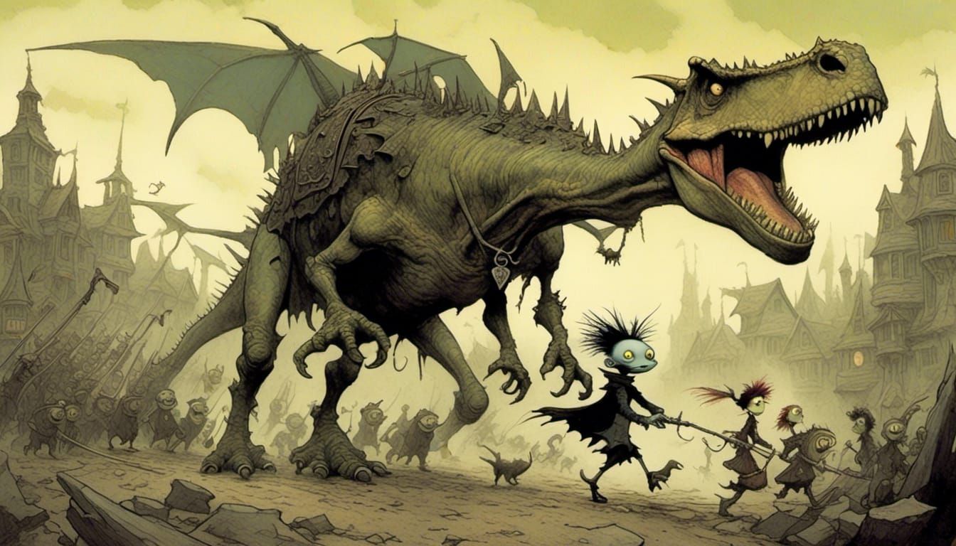 Gothic Dinosaur Illustration in Burton-Grimly Style