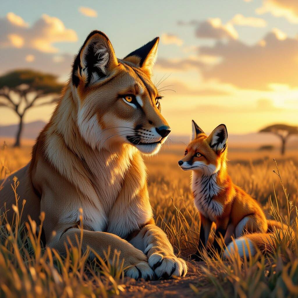 Lioness-Fox Hybrid in Savanna Landscape