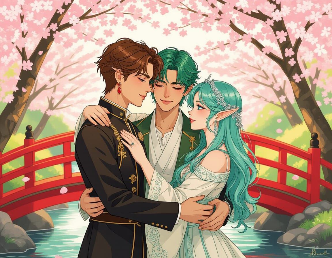 Art Nouveau Cherry Grove Scene with Young Men and Girl