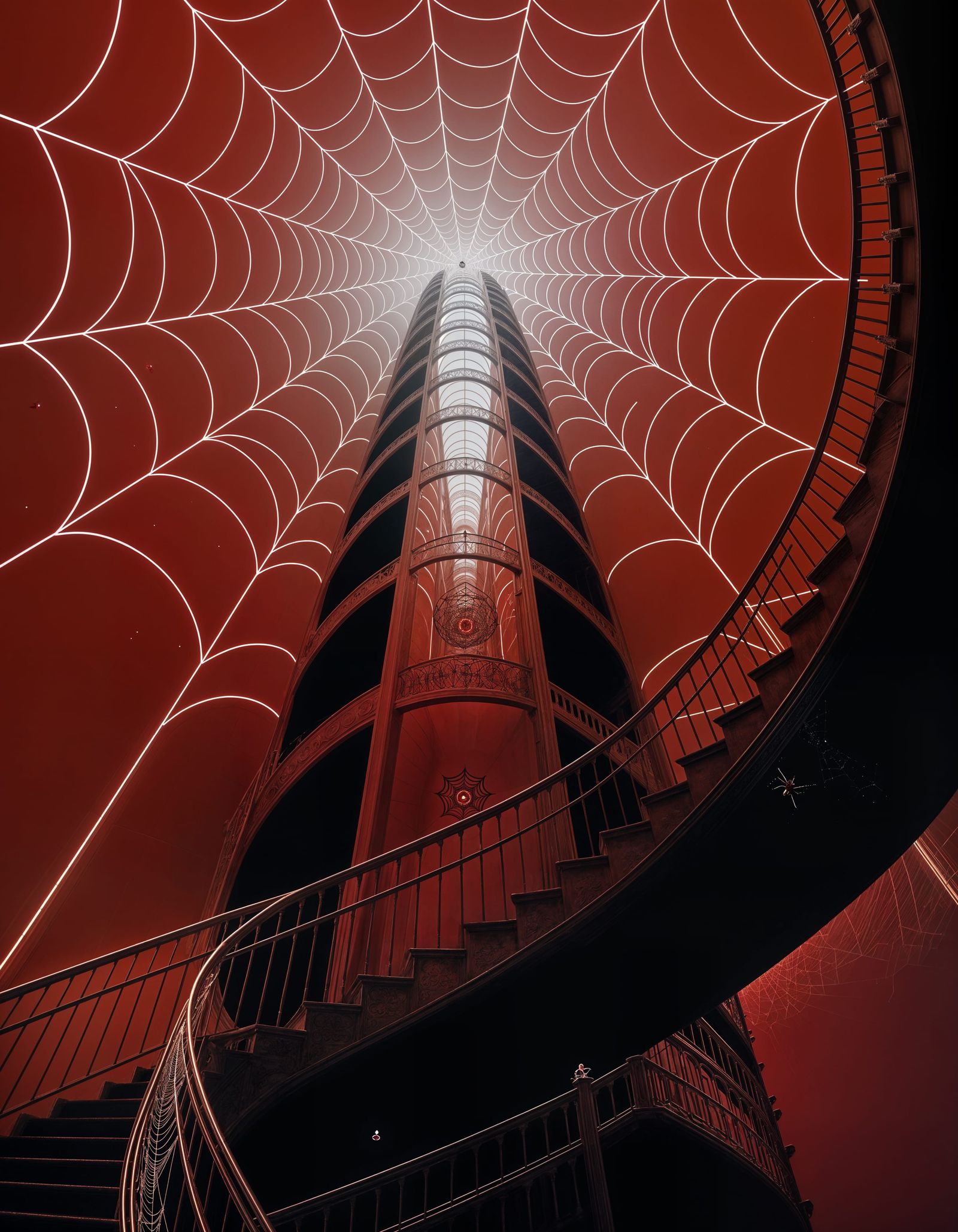 Mysterious Spiderweb Staircase in Ruby Tower: Digital Art