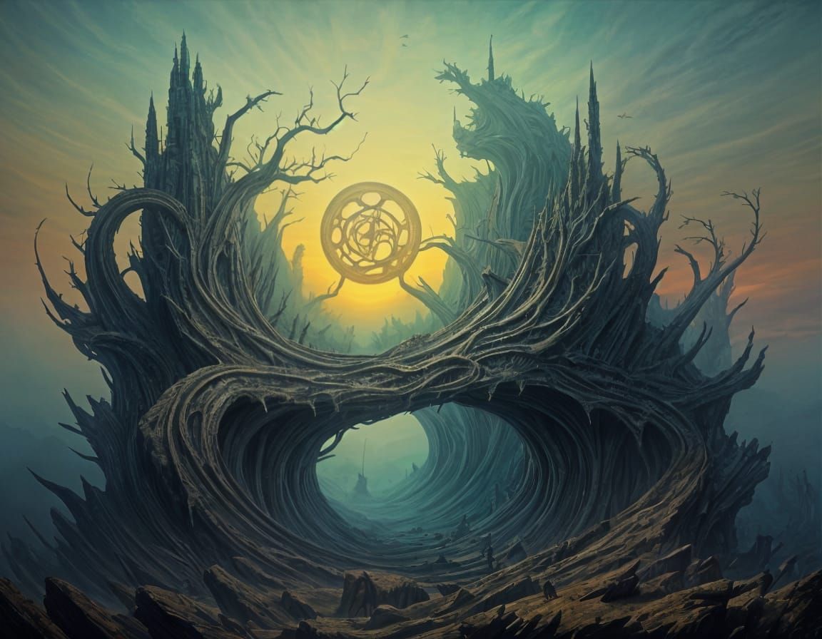 Surreal Landscape Inspired by Escher, Beksinski, and Giger