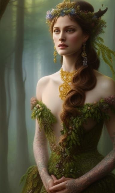 Forest Goddess Portrait in Hyperrealist Style