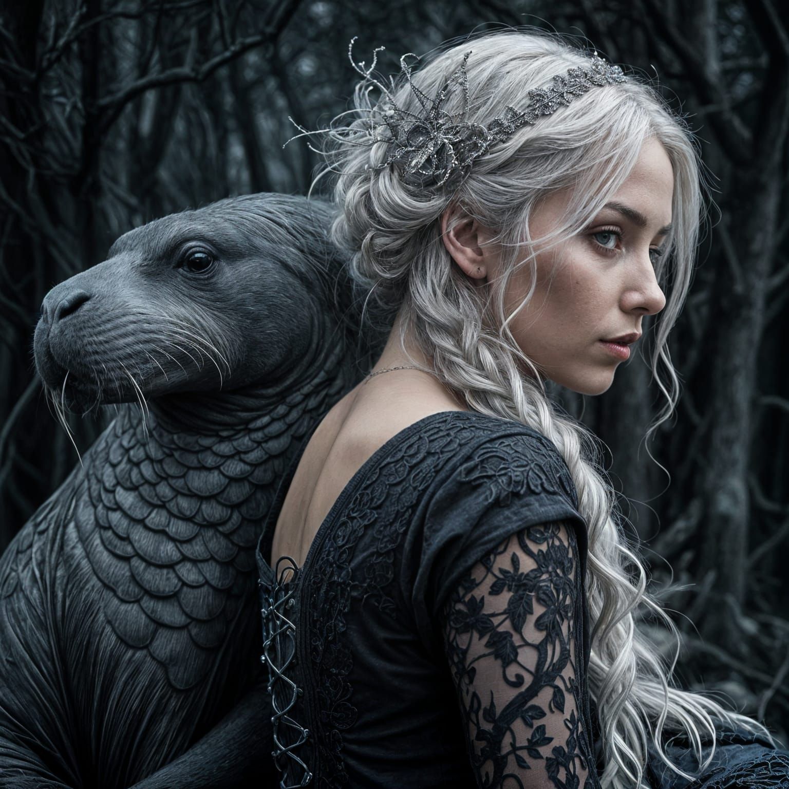 Whimsical Gothic Woman with Walrus in Dreamlike Setting