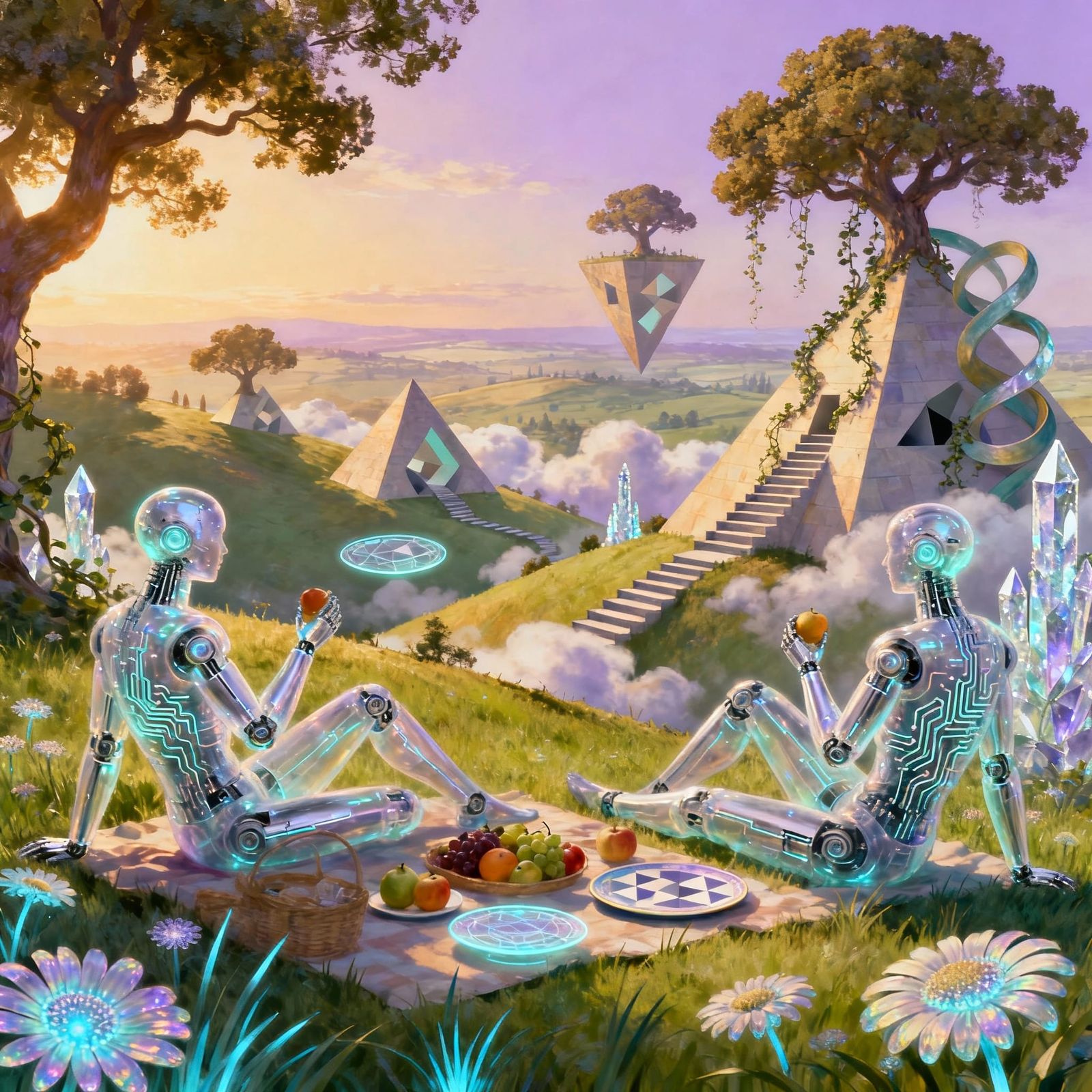Ethereal Cyborgs Picnic in Escher Landscape