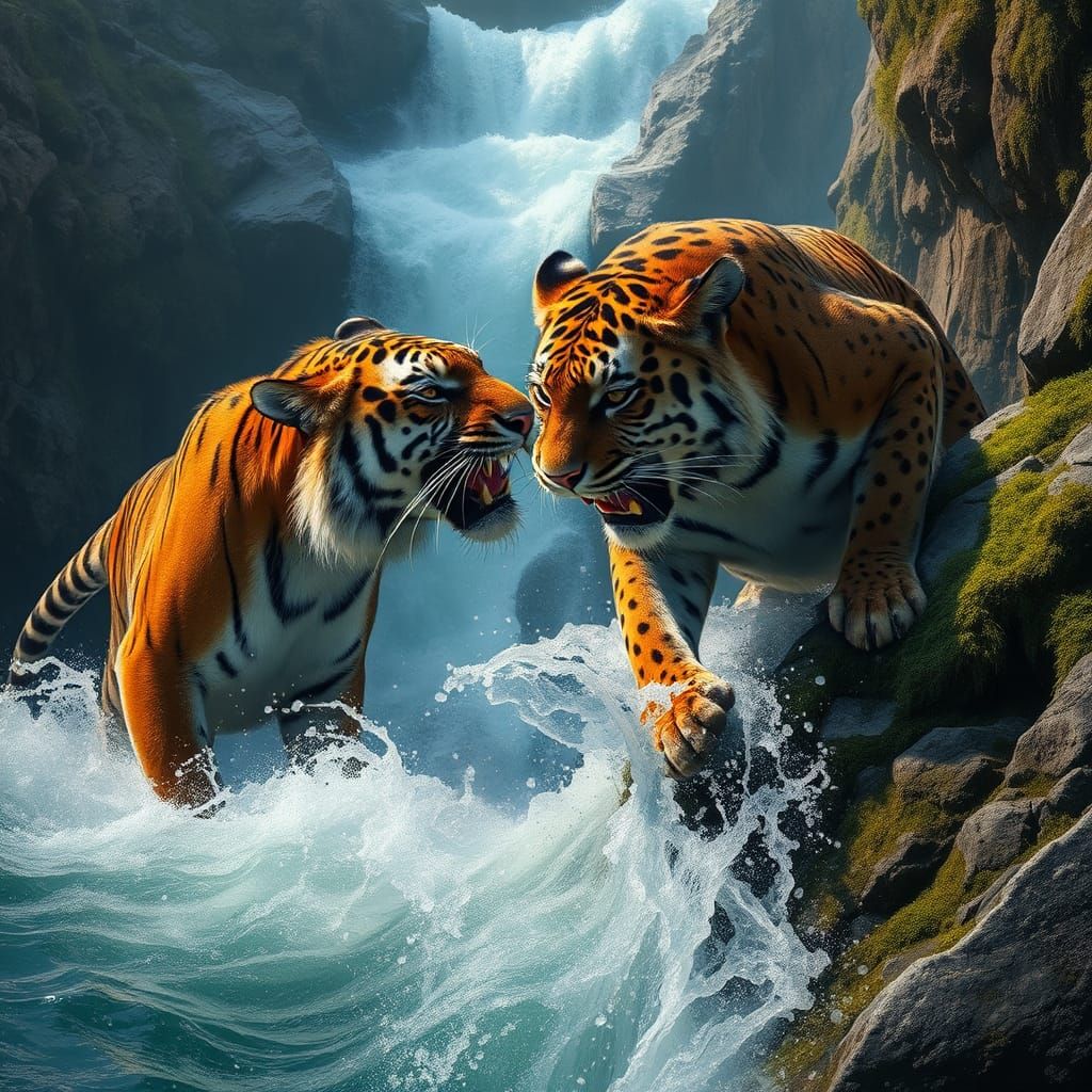 Tiger and Leopard Aquatic Battle, Digital Art