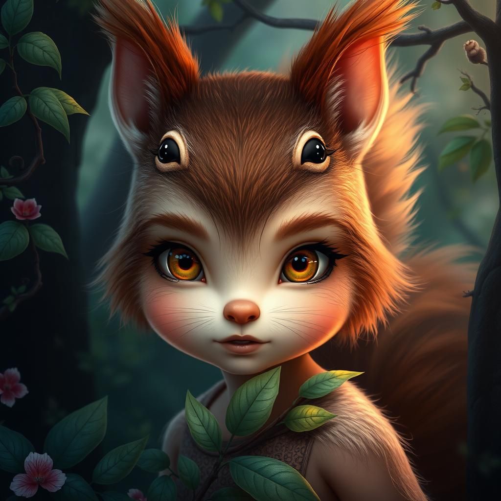 Girl with Squirrel Face in Ethereal Forest