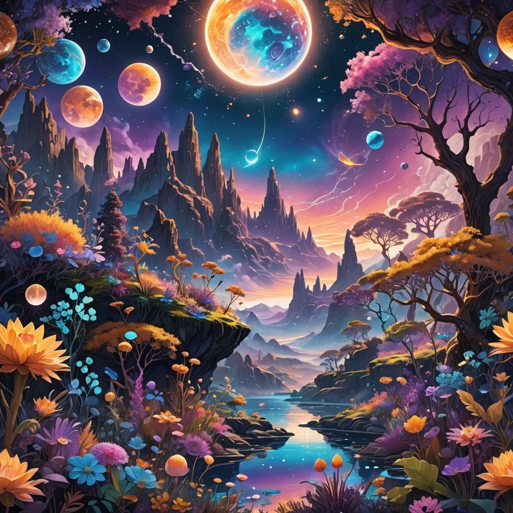 Mystical Landscape with Iridescent Flora in Fantasy Style