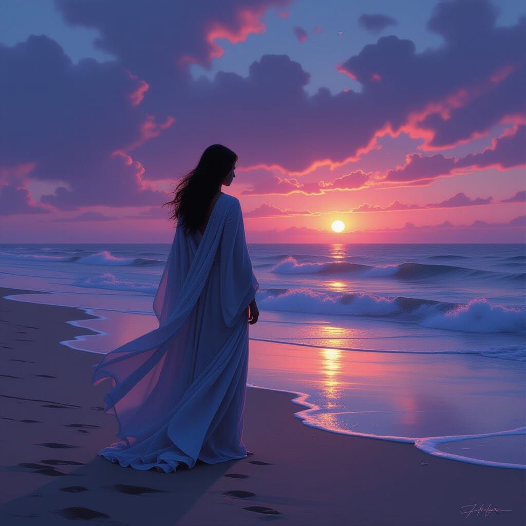 Woman on Windswept Beach at Twilight