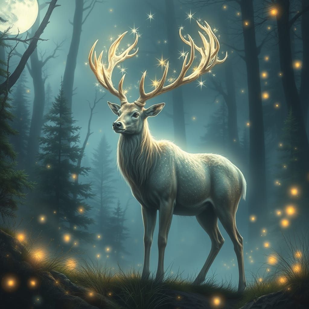 Starlight Deer in Moonlit Forest: Fantasy Concept Art