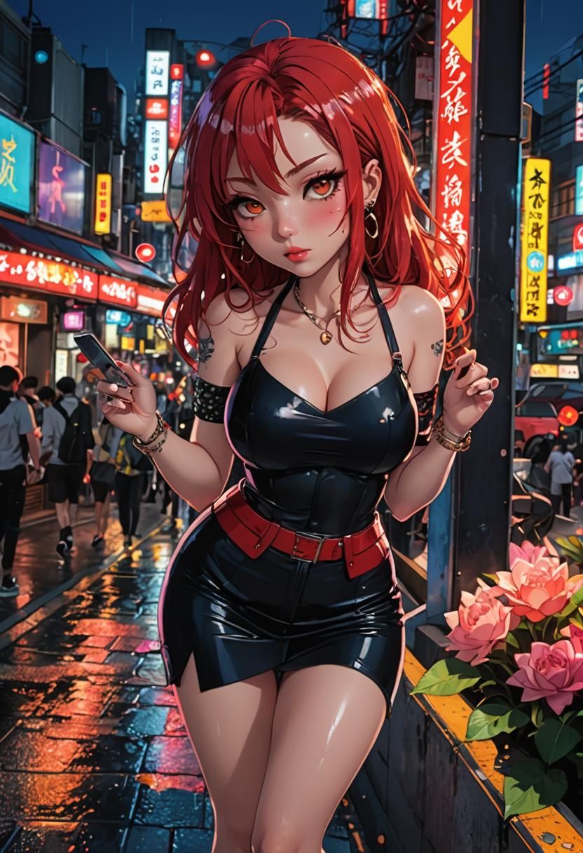 Anime Woman in Japanese Cityscape at Dusk