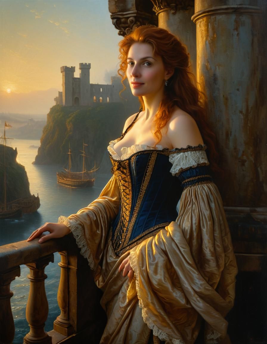 Renaissance Woman Gazing Over Misty Bay at Dawn