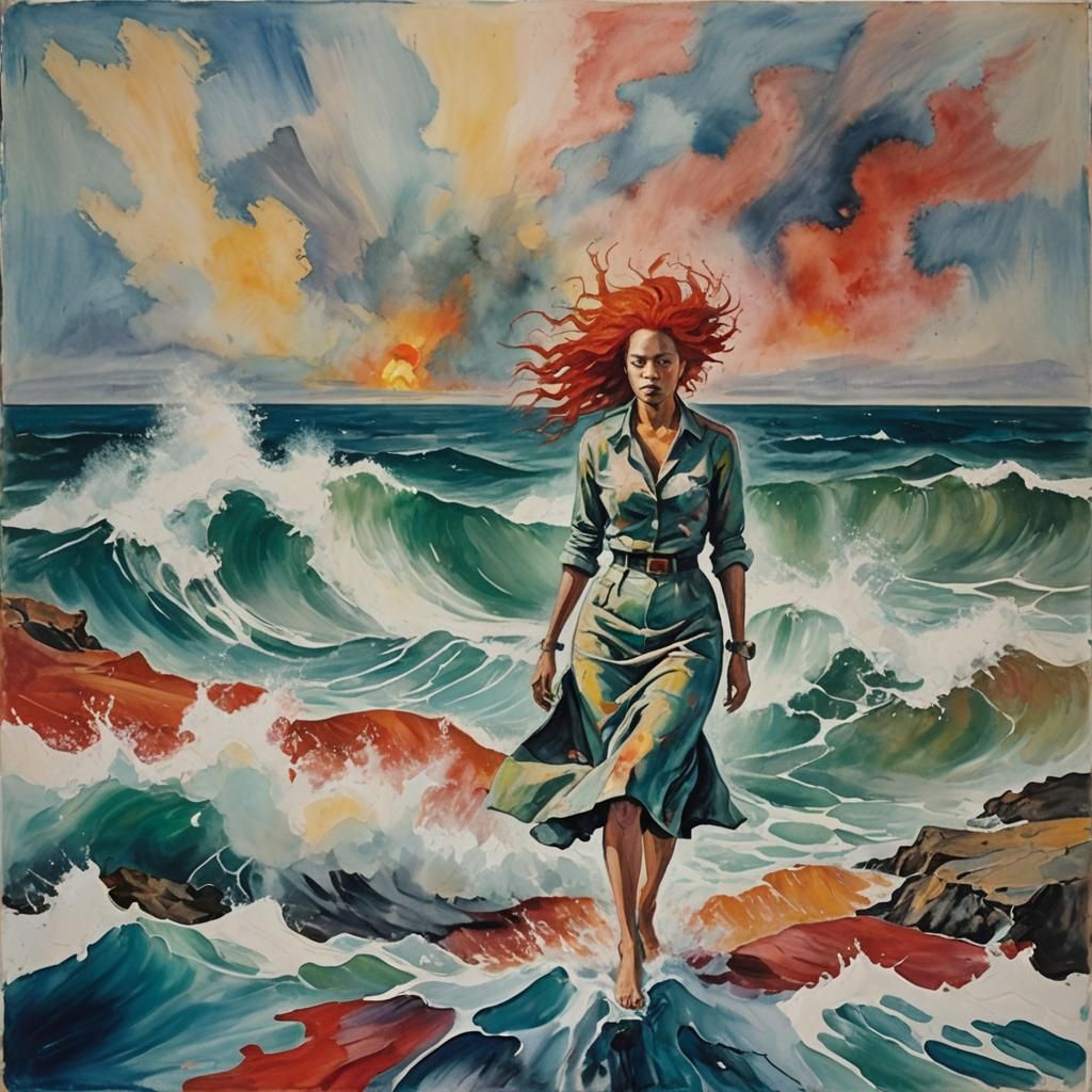 Fauvist Woman at the Sea: Expressionist Painting