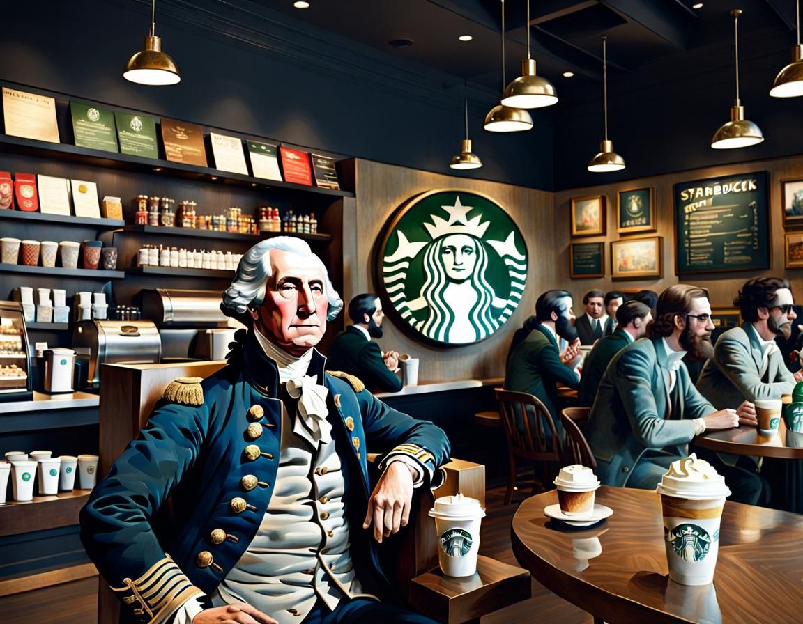 George Washington at Starbucks in Portrait Style