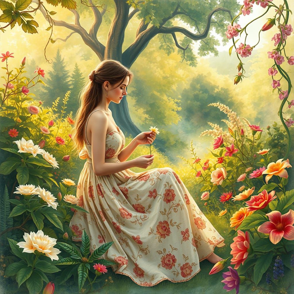 Serene Garden Scene in Whimsical Watercolor Style