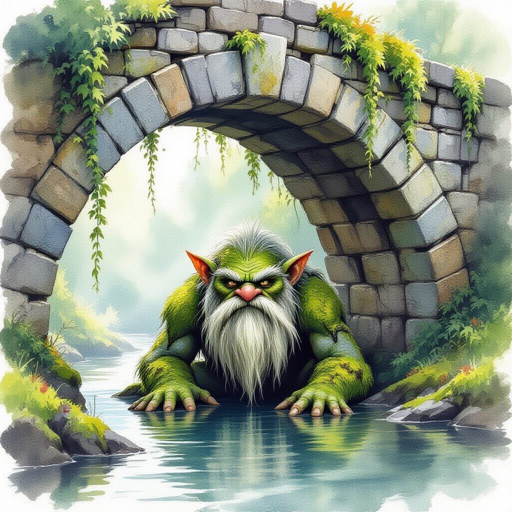 Moss Troll Under Bridge in Watercolor Art