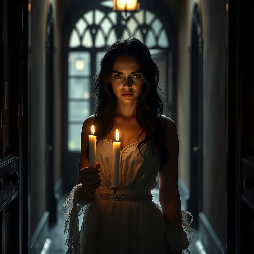 Enigmatic Girl in Castle Hallway: Cinematic Portrait