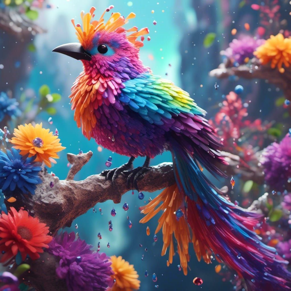 Fluffy Rainbow Bird in Detailed Matte Style