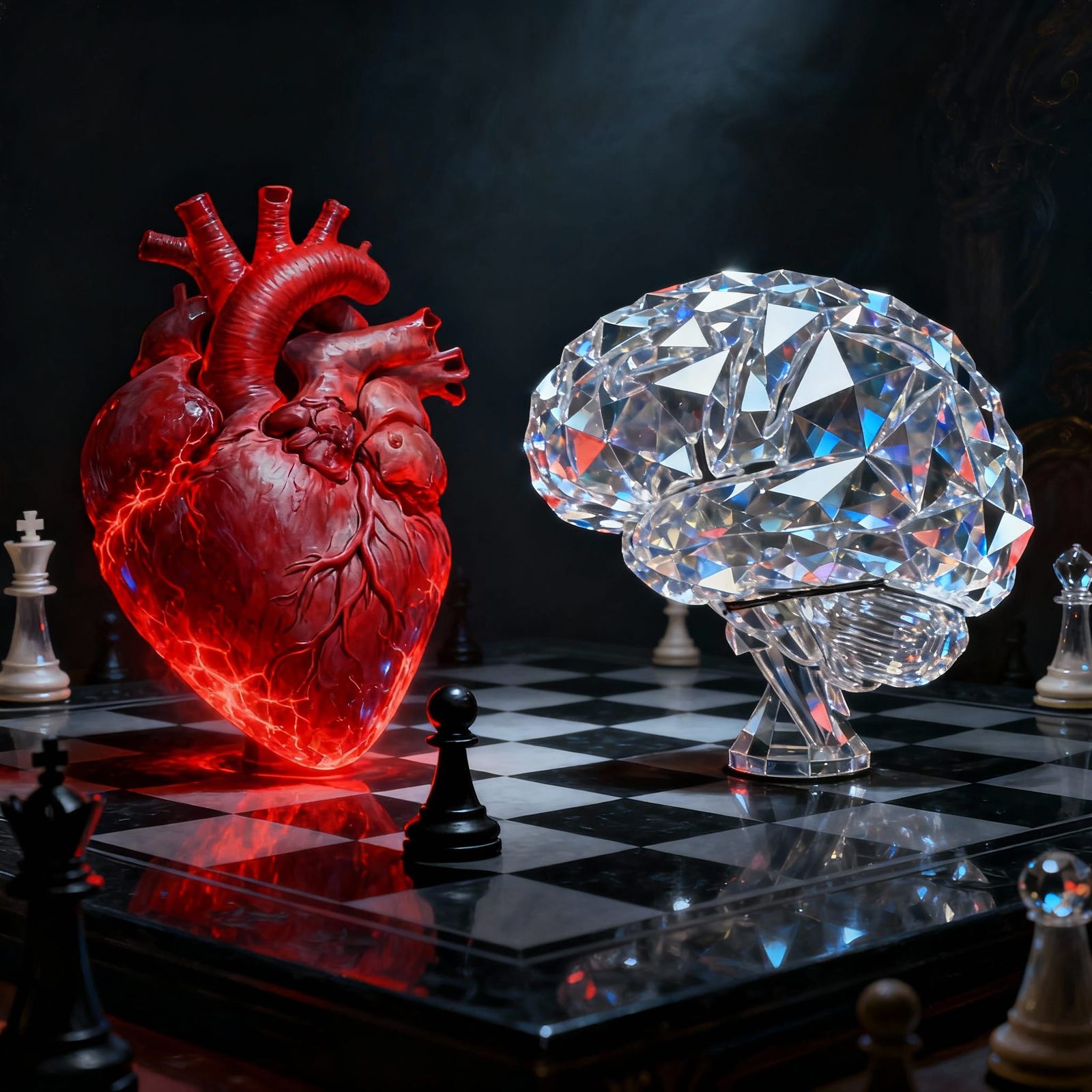 Heart vs. Crystal Brain Chess Match in Dramatic Light