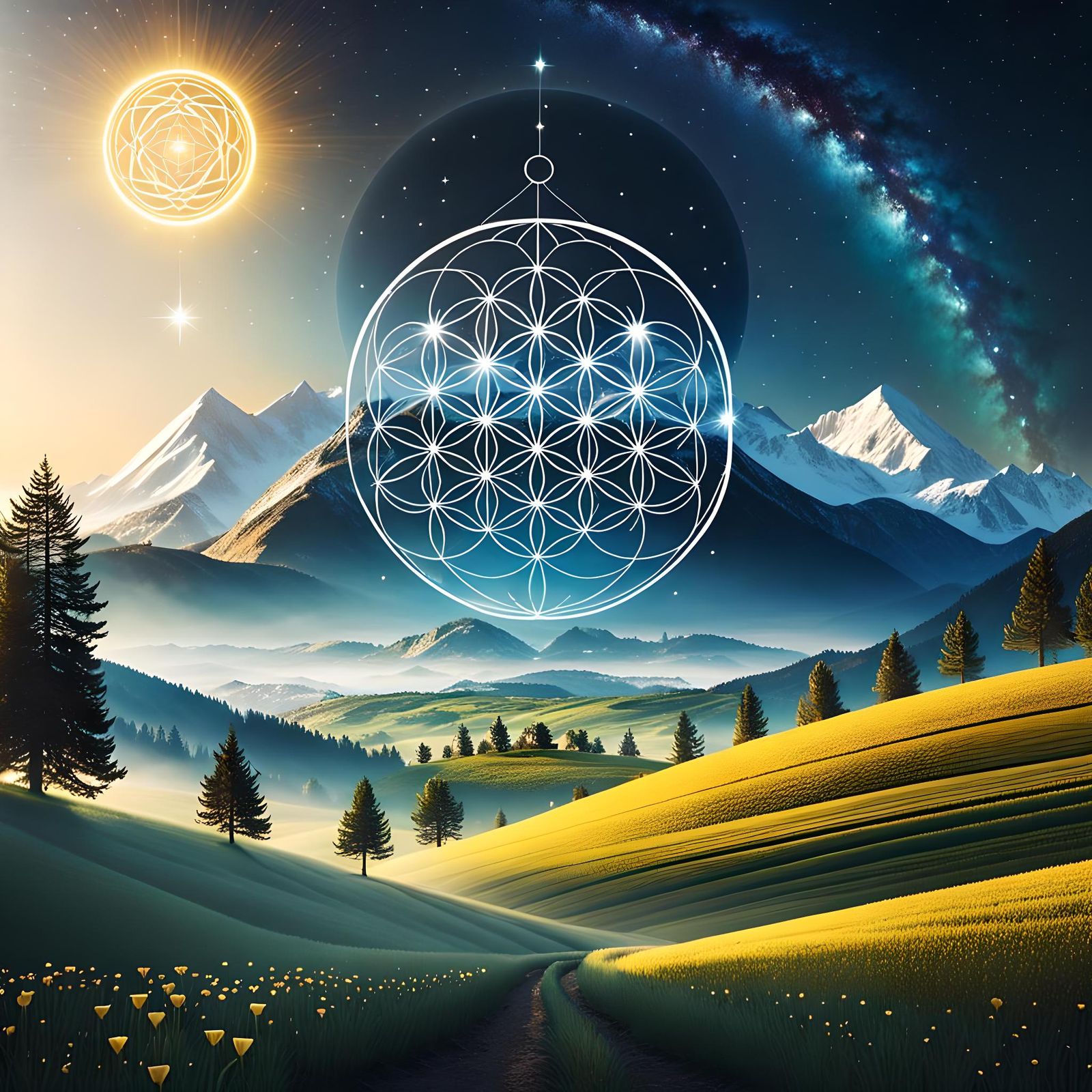 Spring Landscape with Sacred Geometry Design