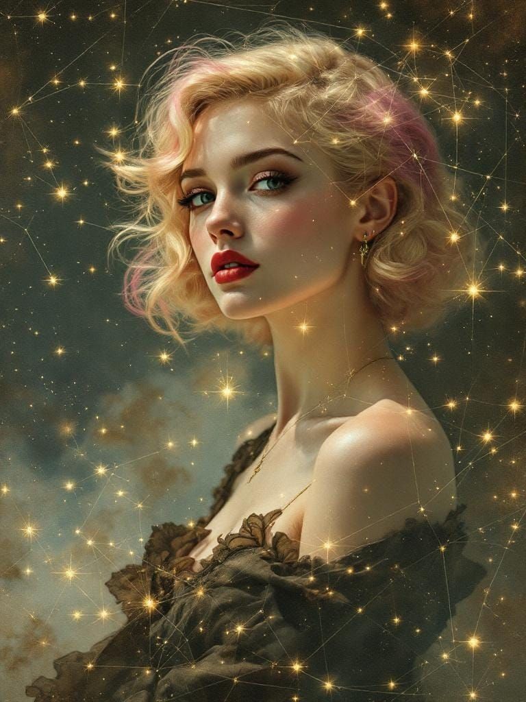 Celestial Pin-Up: Starry Overlay in Art Nouveau Style