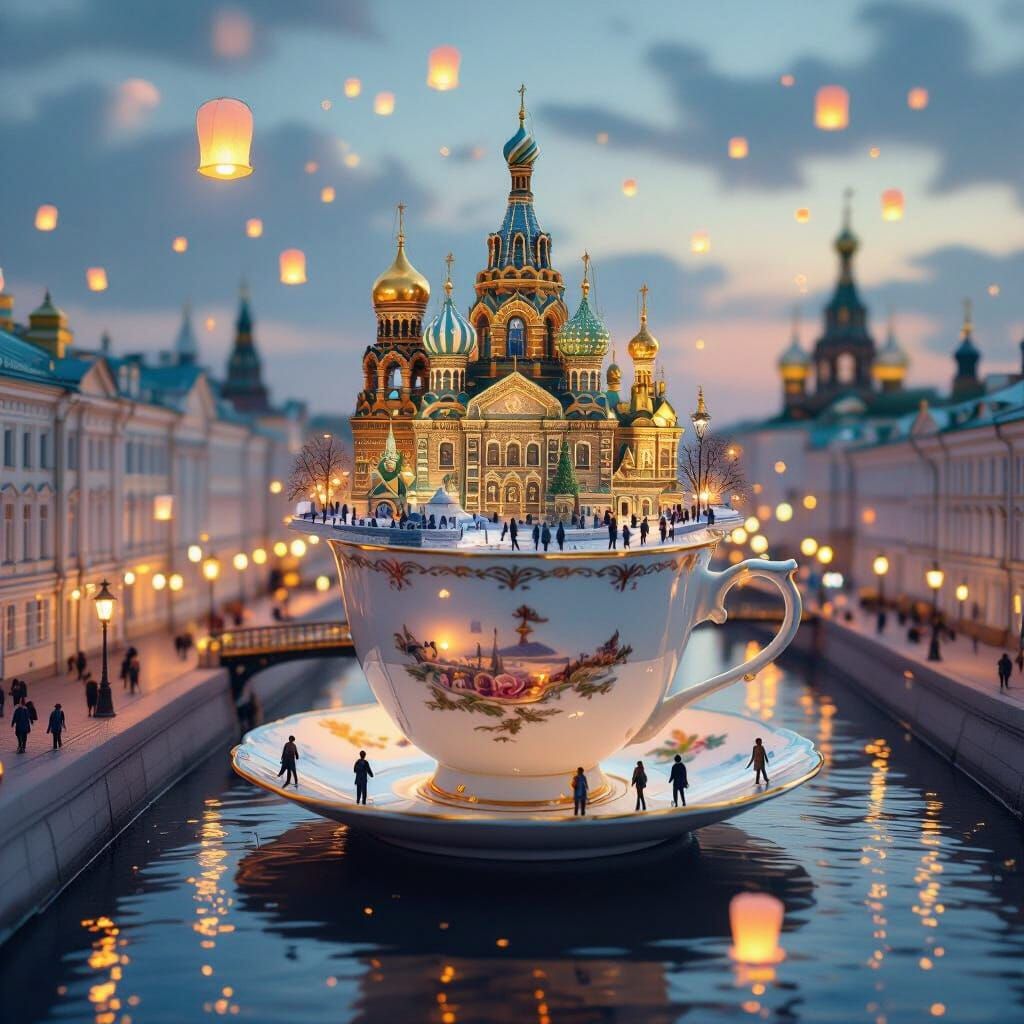 Whimsical Teacup City Above St. Petersburg in Pastel Sky