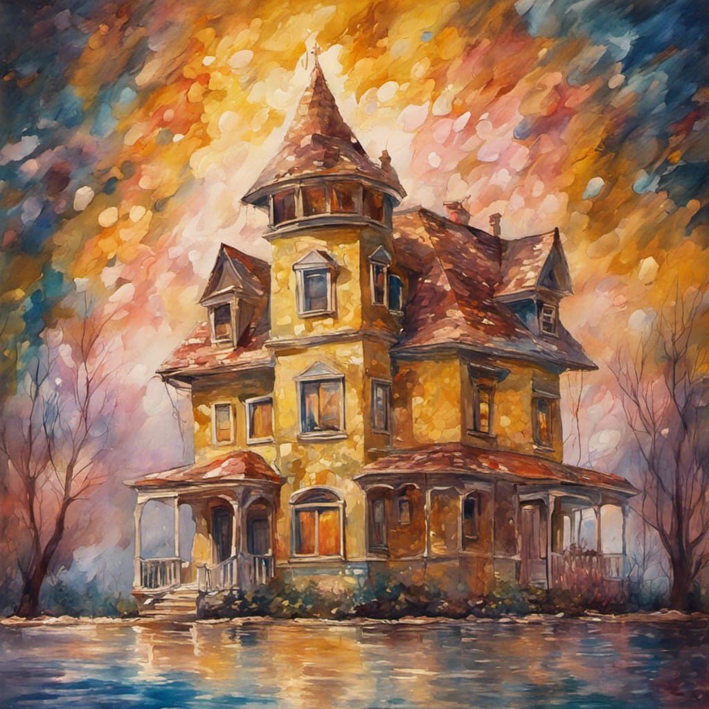 Liquid Gold and Diamond House in Gouache Style