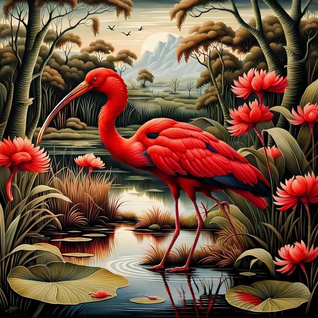 Scarlet Ibis in Louisiana Marshland: Detailed Digital Painti...