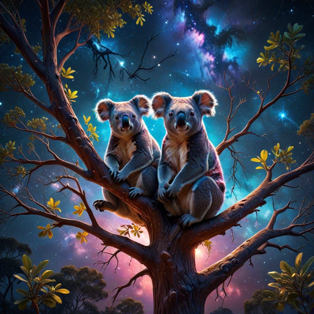 Koalas in Gum Tree in Space: Digital Art