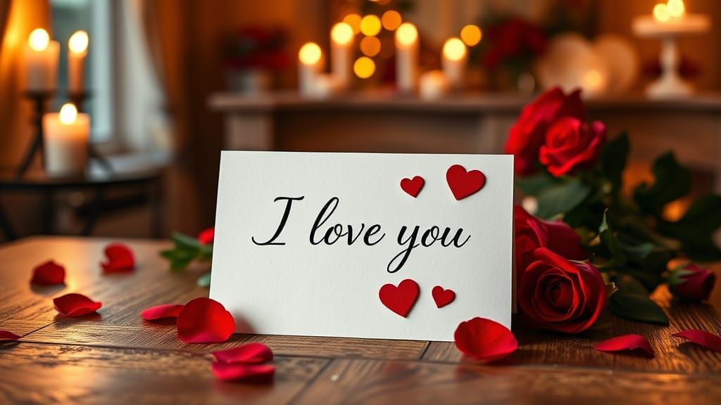 Romantic Valentine's Day Card on Wooden Table