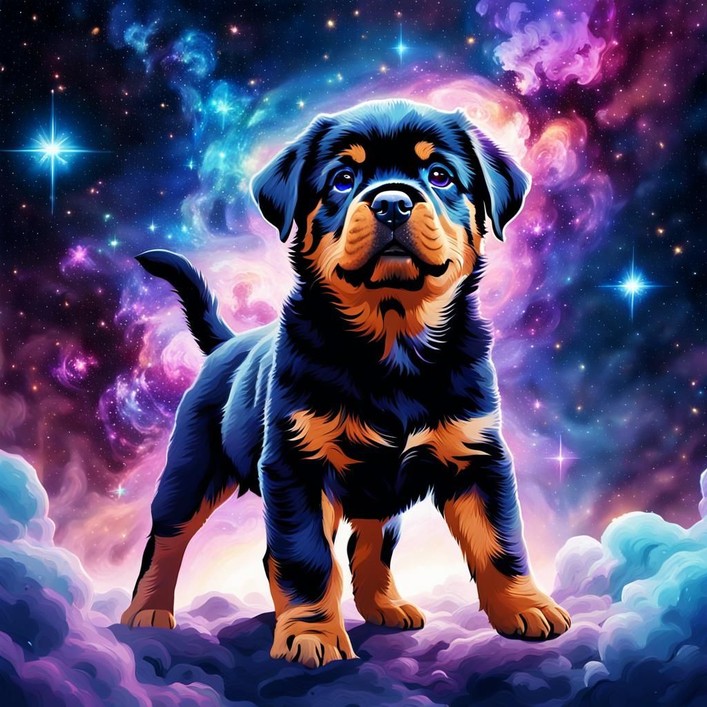 Rottweiler Puppy Among the Stars in Sci-Fi Art