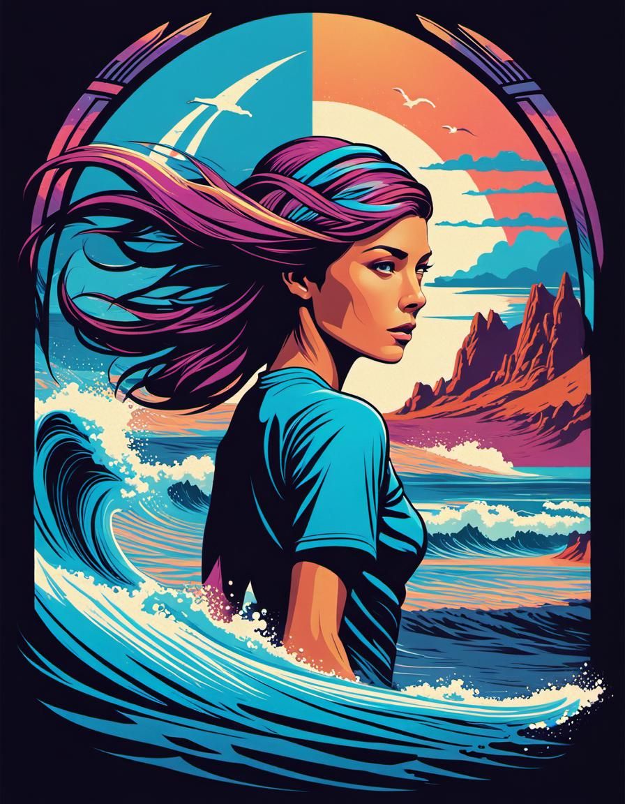 Female Surfers Travel Poster in Art Nouveau Style