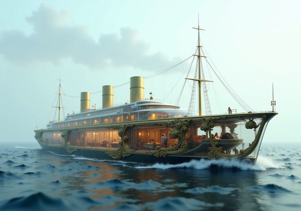 Transparent Victorian Steamship on Ocean, Realistic Style