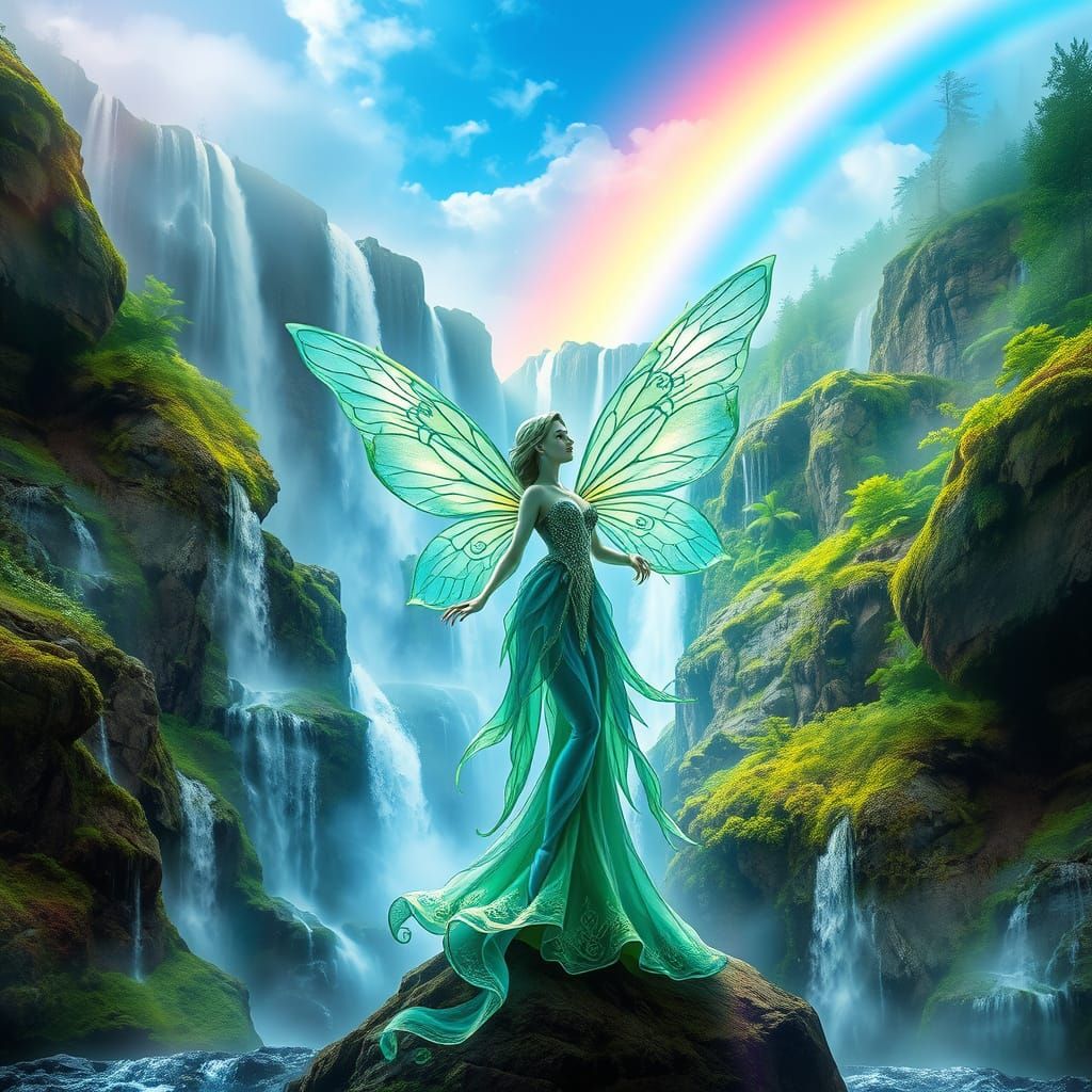 Hyper-Realistic Fairy in Ethereal Landscape with Rainbow and...