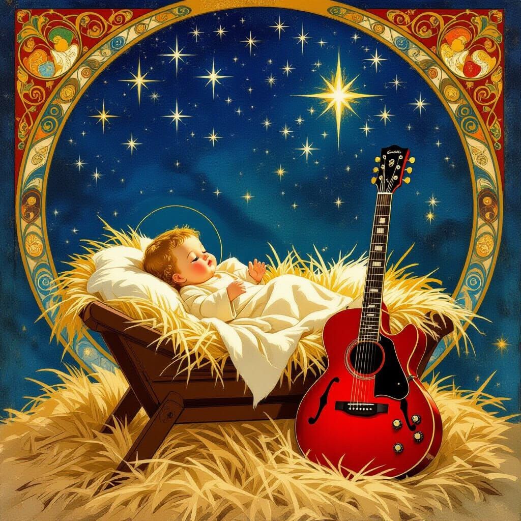 Manger Scene with Baby Jesus & Red Guitar Under Starry Sky