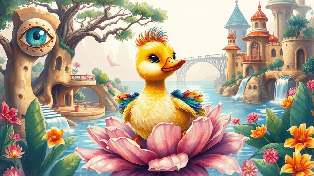 Whimsical Watercolor Duck in Vibrant Floral Oasis