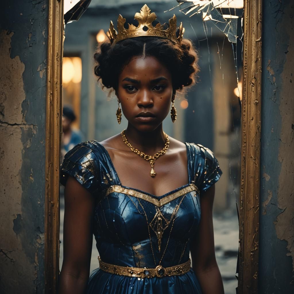 Dramatic Reflection: Girl in Gown with Broken Mirror