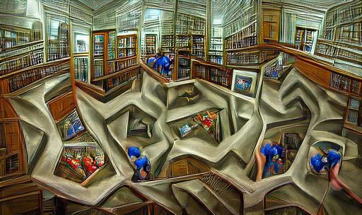 Surreal Library Maze Inspired by Impossible Geometry