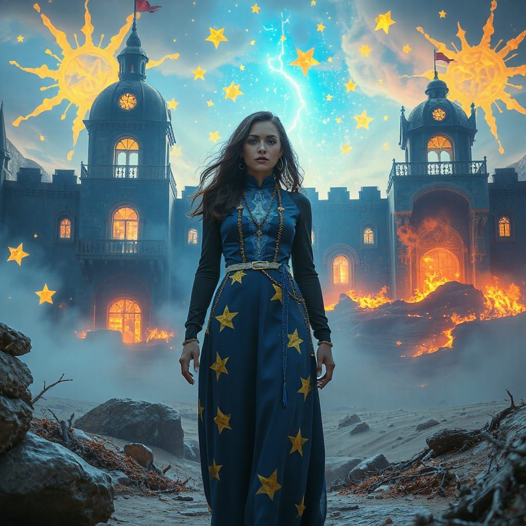 Mystical Seamstress in Burning Landscape, Neon-Noir Style