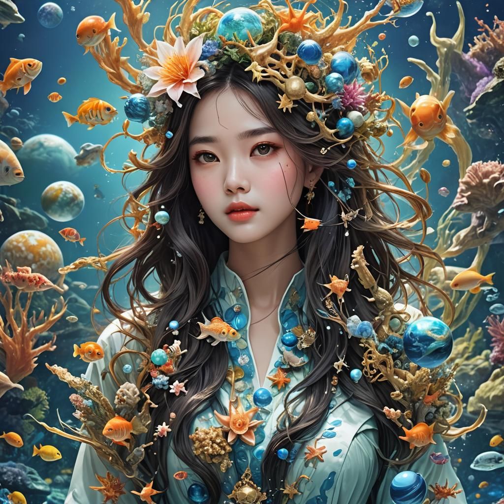 Neptune-Themed Woman in Hyperrealistic Digital Art