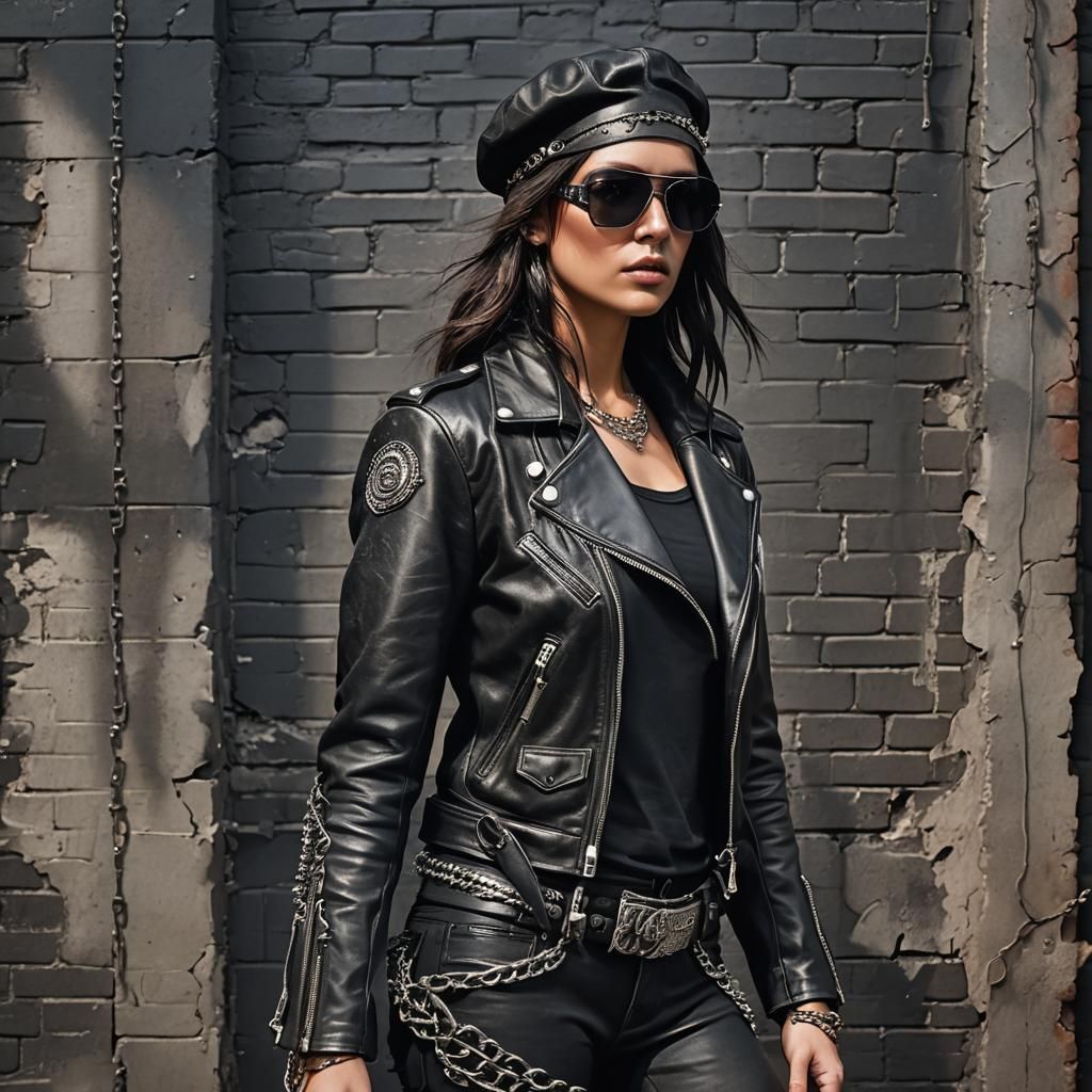 Woman in Leather and Chains in Cyberpunk Style