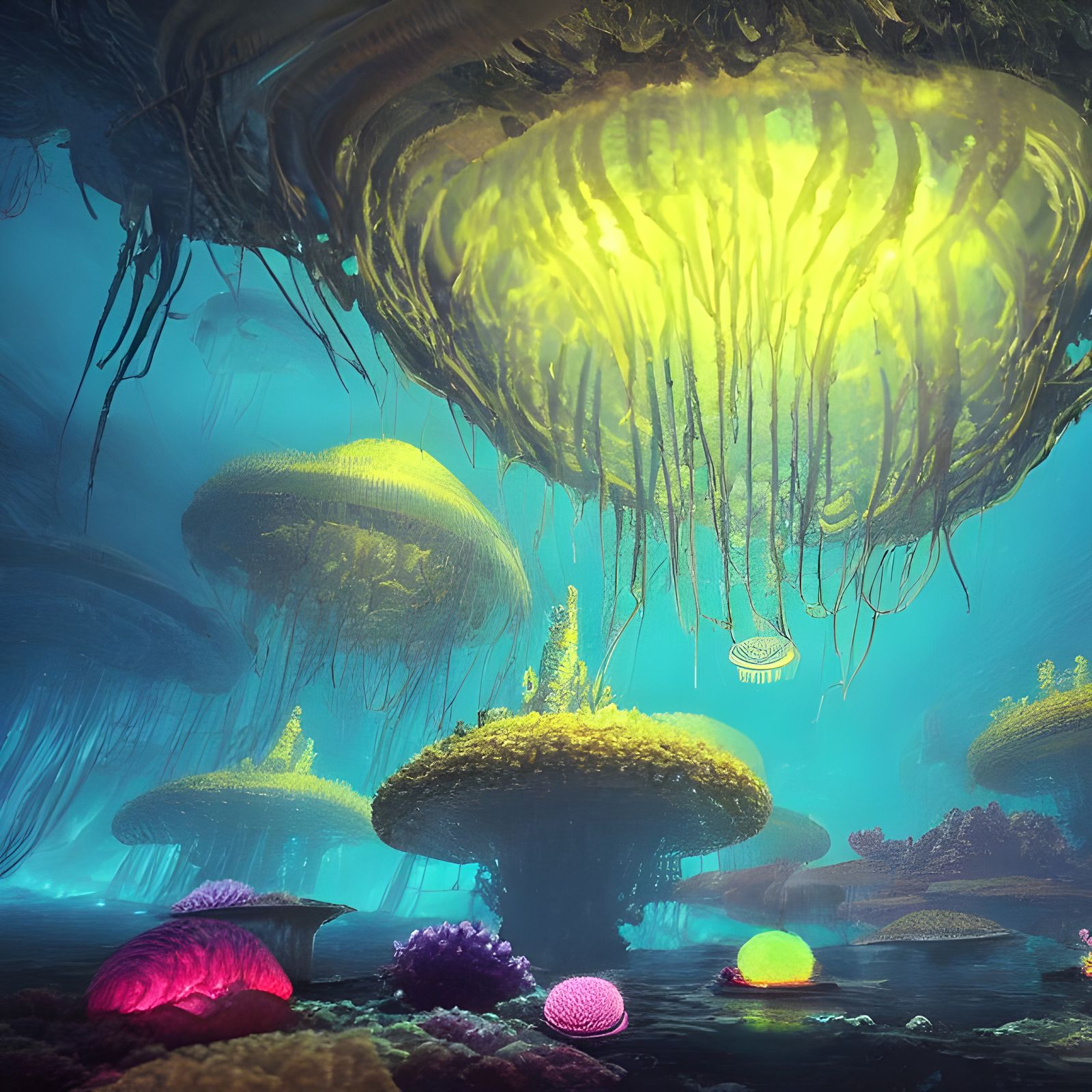 Bioluminescent Underwater Scene with Hydrothermal Vents