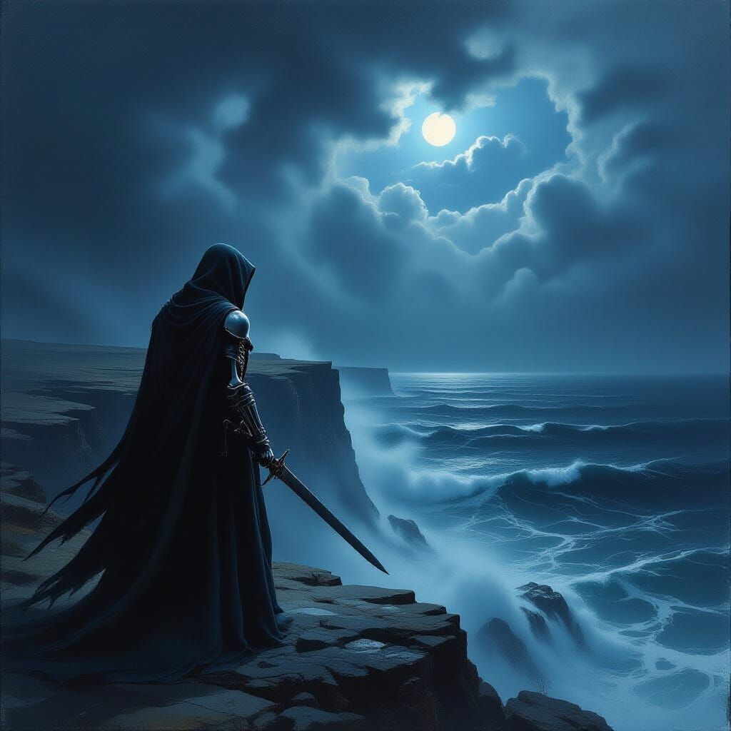 Skeleton Warrior on Stormy Cliff - Hyper-Realistic Oil Paint...