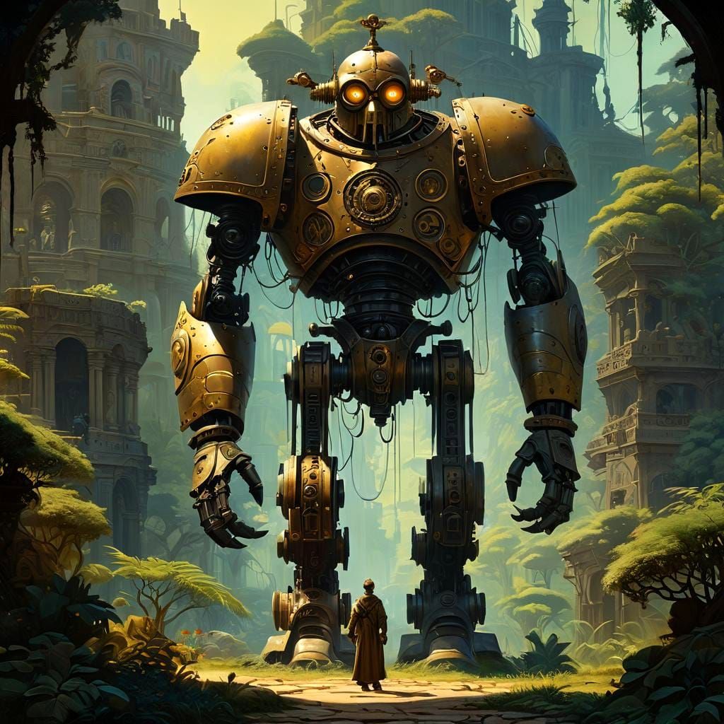 Clockwork Golem in Edenic Gardens as Oil Painting