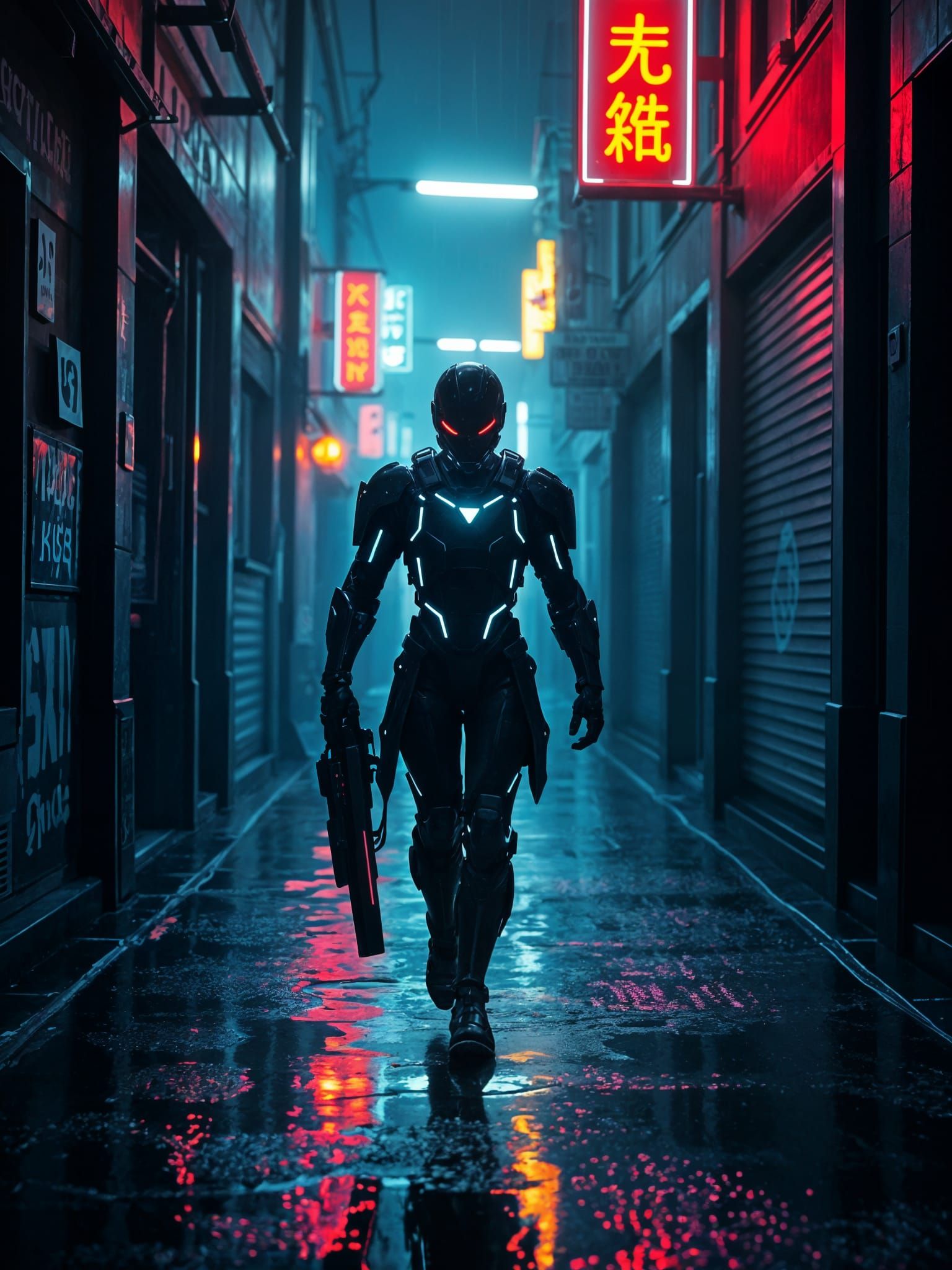 Cyberpunk Lone Figure in Neon Alleyway