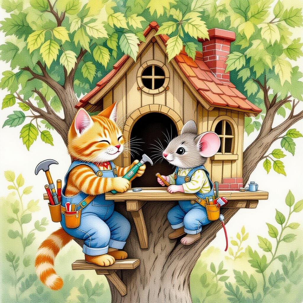 Ginger Cat and Mouse Build Whimsical Treehouse