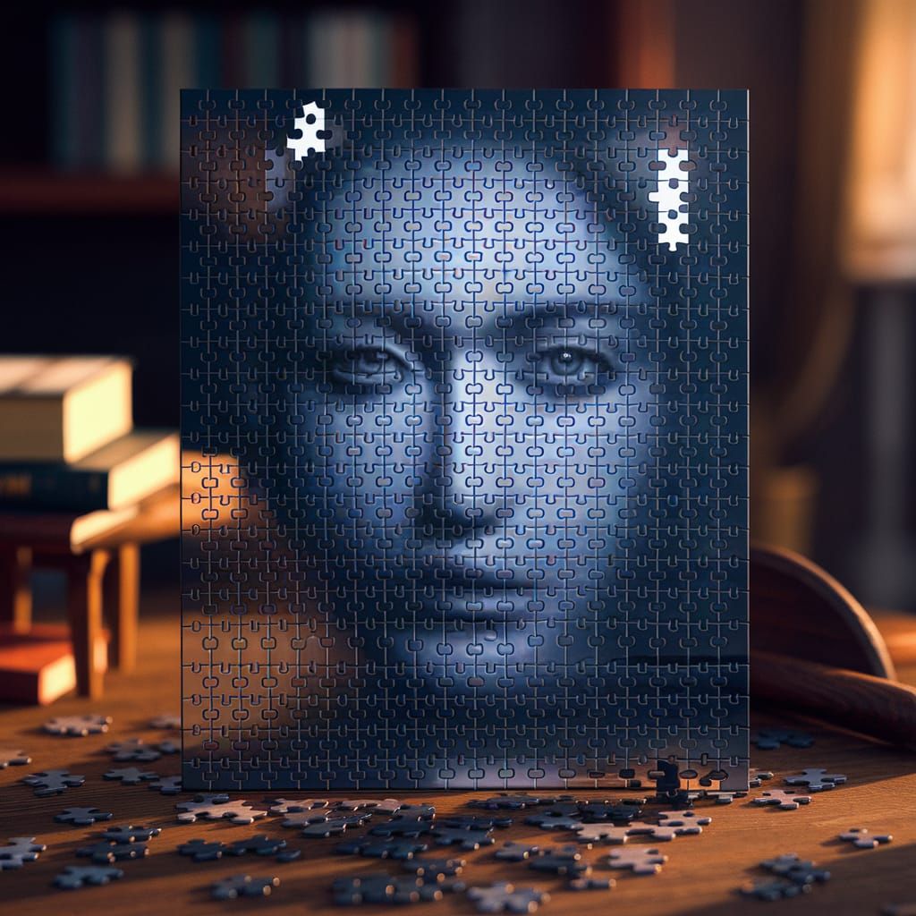 Enigmatic Portrait Puzzle Piece in Cozy Study