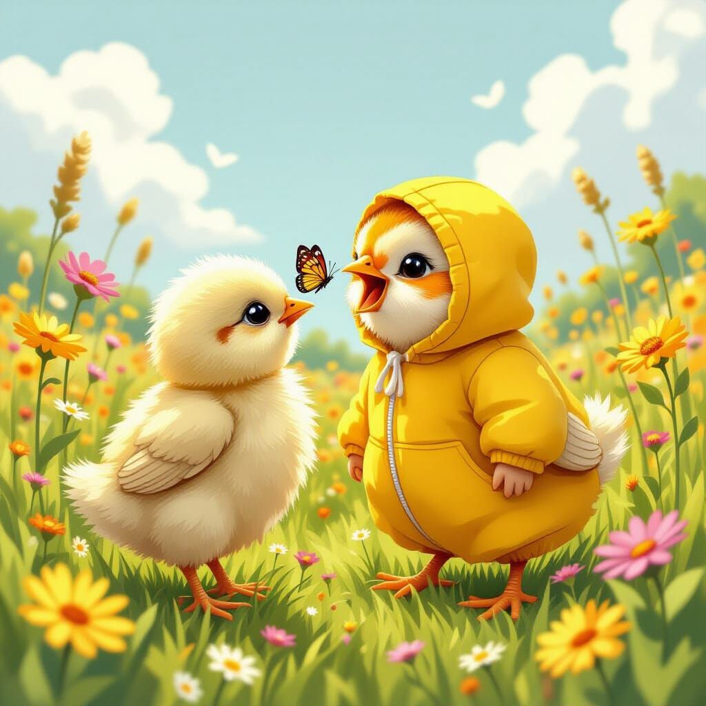 Chick's Butterfly Encounter in Whimsical Field