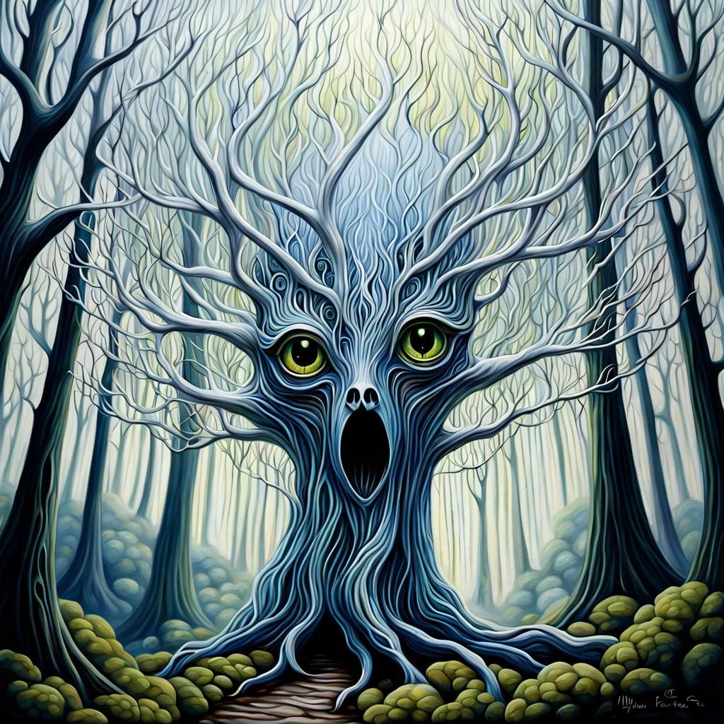 Mystical Forest Painting with Will-o'-the-Wisps