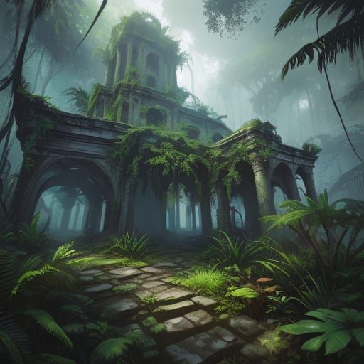Ancient Jungle City Ruins in Splash Art Style