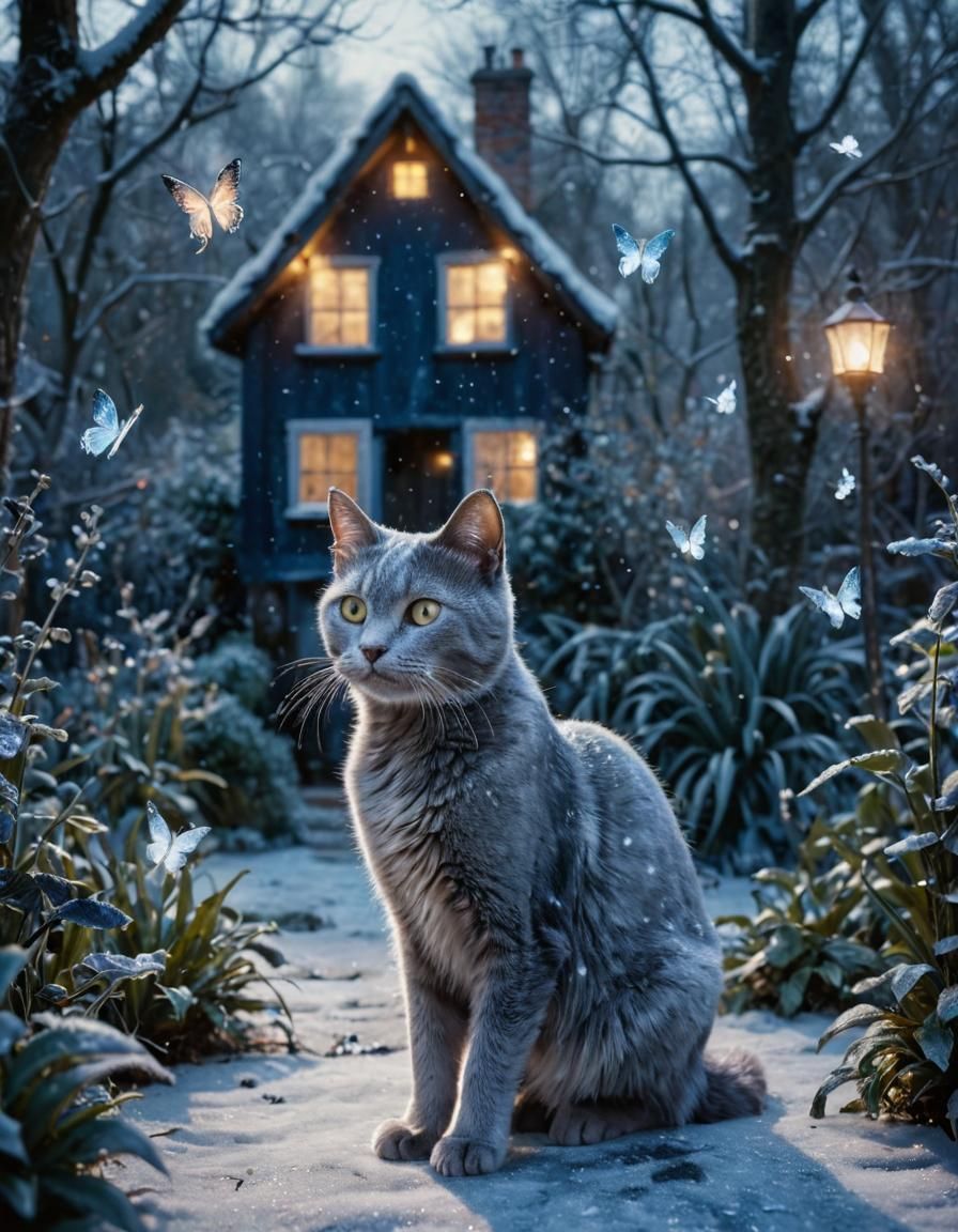 Icy Blue Cat in Winter Garden Fairy Tale